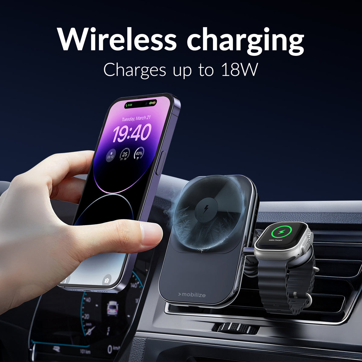 Mobilize Magsafe Compatible Car Charger For Phone And Watch 18W Black