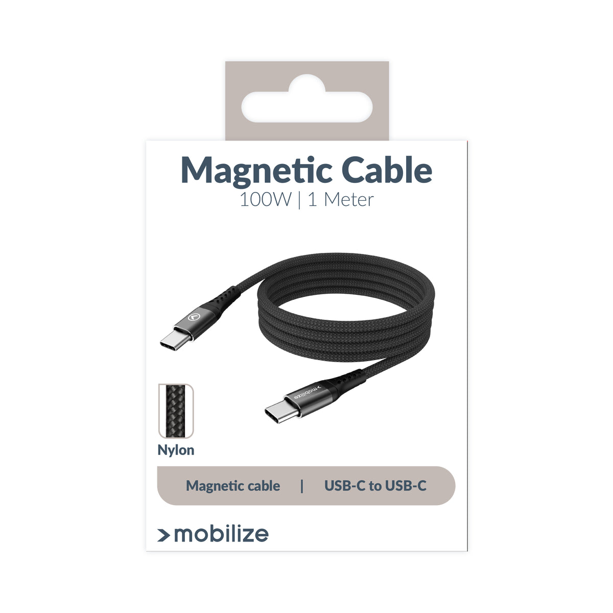 Mobilize Magnetic Nylon Cable - Usb-C To Usb-C - 1M. - 100W Black