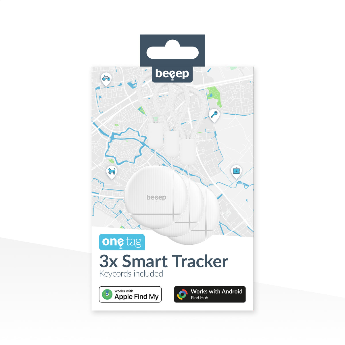 Beeep Onetag Apple Find My & Android Tracker White & Keychain White - 3 Pack