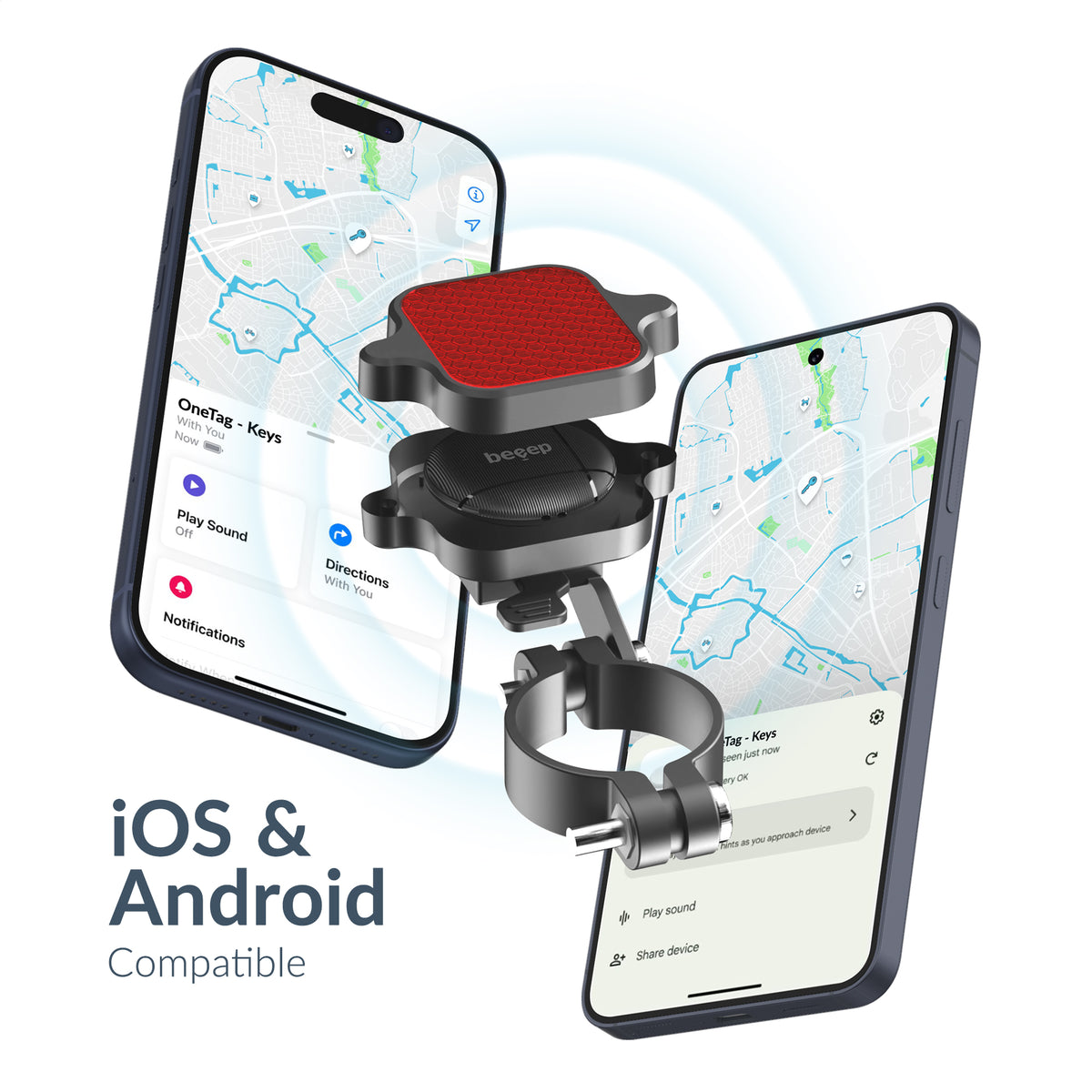 Beeep Onetag Apple Find My & Android Tracker Black & Bicycle Reflector