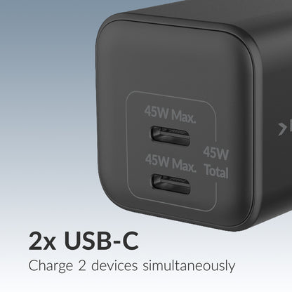 Mobilize Wall Charger 2X Usb-C Gan 45W With Pd/Pps Black