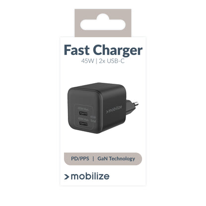 Mobilize Wall Charger 2X Usb-C Gan 45W With Pd/Pps Black