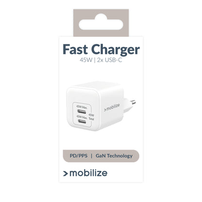Mobilize Wall Charger 2X Usb-C Gan 45W With Pd/Pps White