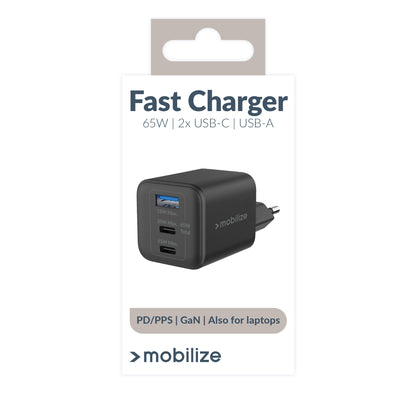 Mobilize Wall Charger 2X Usb-C + 1X Usb Gan 65W With Pd/Pps Black