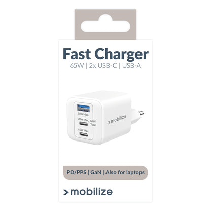 Mobilize Wall Charger 2X Usb-C + 1X Usb Gan 65W With Pd/Pps White