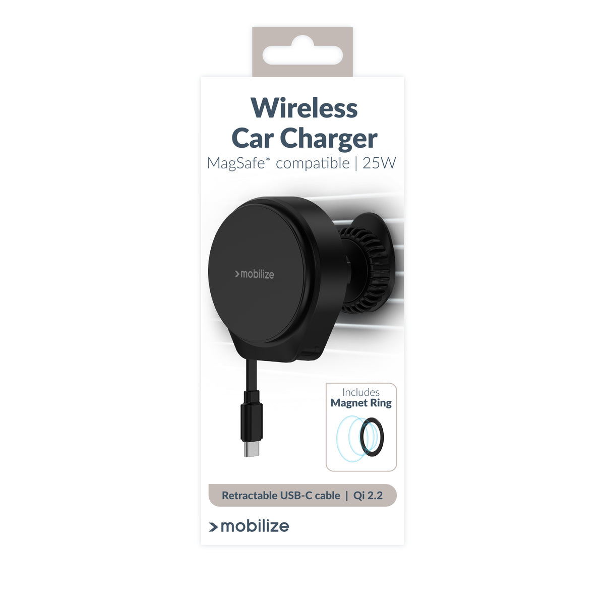 Mobilize Magsafe Compatible Car Holder/Charger 25W Qi2.2 With Retractable Usb-C Cable Black