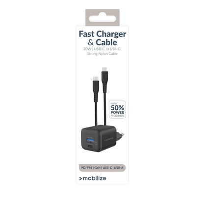 Mobilize Wall Charger Usb-C + Usb Gan 30W With Pd/Pps + Usb-C Nylon Cable 1.2M Black