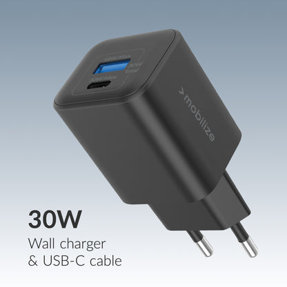 Mobilize Wall Charger Usb-C + Usb Gan 30W With Pd/Pps + Usb-C Nylon Cable 1.2M Black