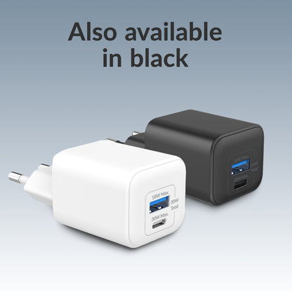 Mobilize Wall Charger Usb-C + Usb Gan 30W With Pd/Pps + Usb-C Nylon Cable 1.2M White
