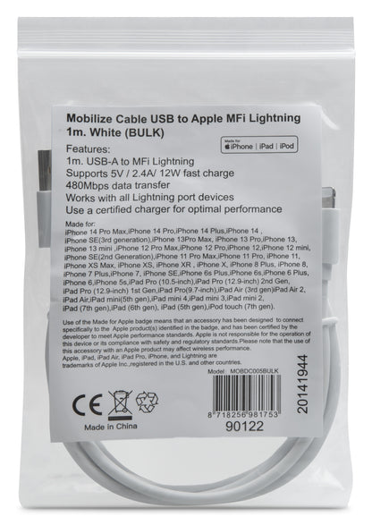 Mobilize Bulk Mobilize Cable Usb To Apple Mfi Lightning 1M. 12W White (Bulk)