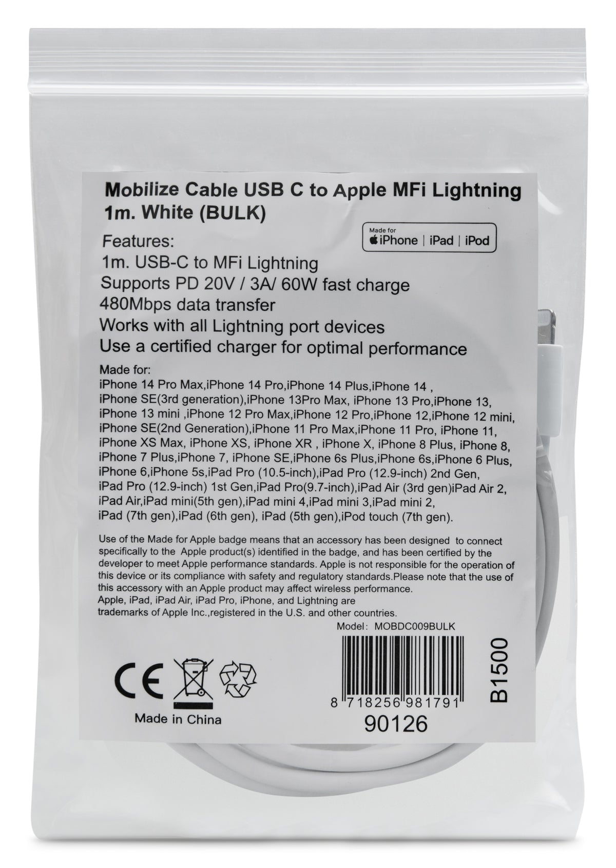 Mob Oem Cable Usb-C To Apple Lightning (Non Mfi) 1M. White (Bulk)