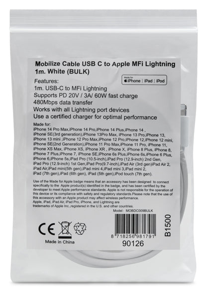 Mob Oem Cable Usb-C To Apple Lightning (Non Mfi) 1M. White (Bulk)
