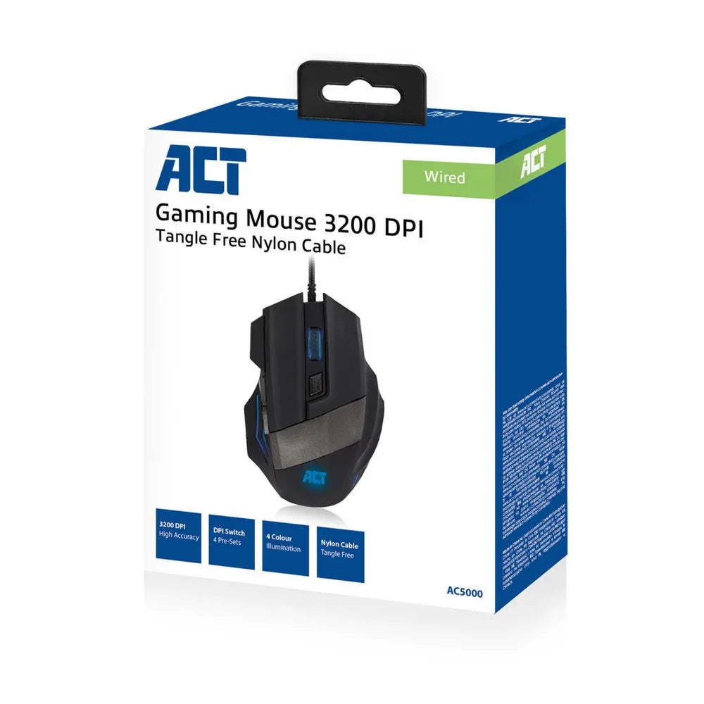 ACT AC5000 | Bedrade Gaming Muis | Rechtshandig | USB-A | 3200 DPI | Zwart - Essentify