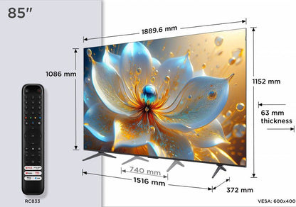 TCL 85T8C | 85" 4K Ultra HD QD-MiniLED | 144Hz | Google TV | Dolby Vision | HDMI 2.1 | Smart TV