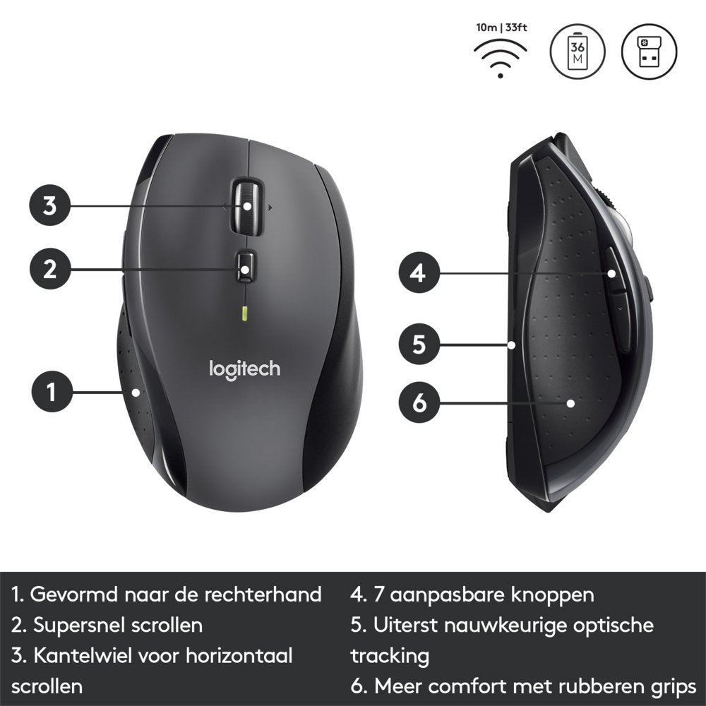 Logitech Marathon M705 | Draadloze Muis | Rechtshandig | RF | 1000 DPI | Zwart