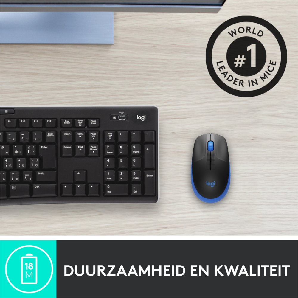 Logitech M190 | Draadloze Muis | Links- en Rechtshandig | RF | 1000 DPI | Zwart/Blauw