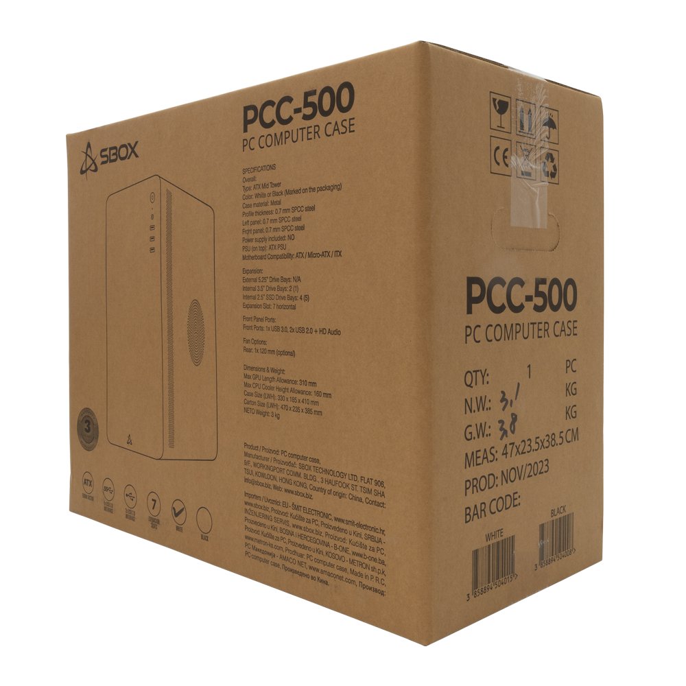 SBOX PCC-500W | Micro Tower Case | Wit | Geen PSU