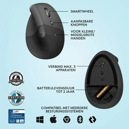 Logitech Lift | Ergonomische Draadloze Muis | Rechtshandig | RF + Bluetooth | 4000 DPI | Grafiet - Essentify