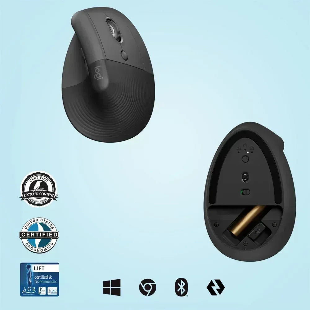 Logitech Lift | Ergonomische Draadloze Muis | Rechtshandig | RF + Bluetooth | 4000 DPI | Grafiet - Essentify