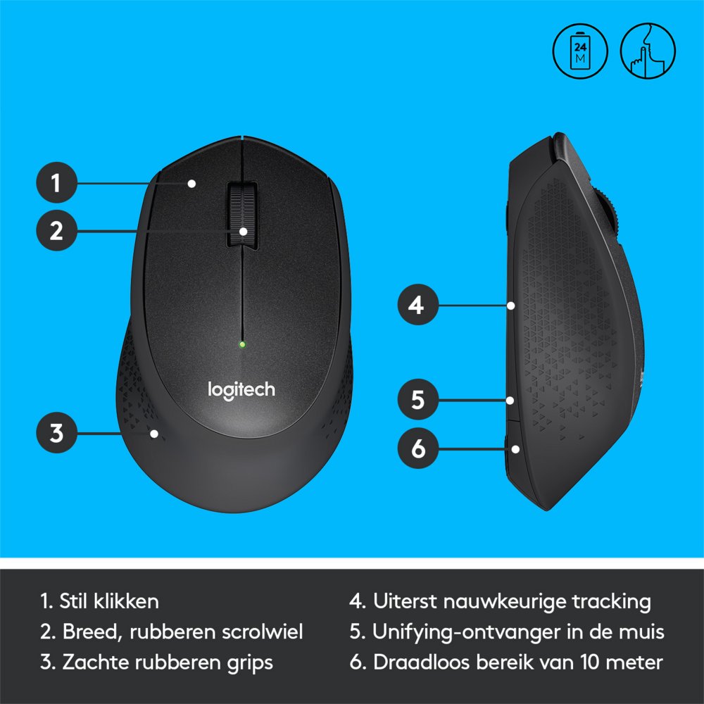 Logitech M330 Silent | Draadloze Muis | Rechtshandig | RF | 1000 DPI | Zwart