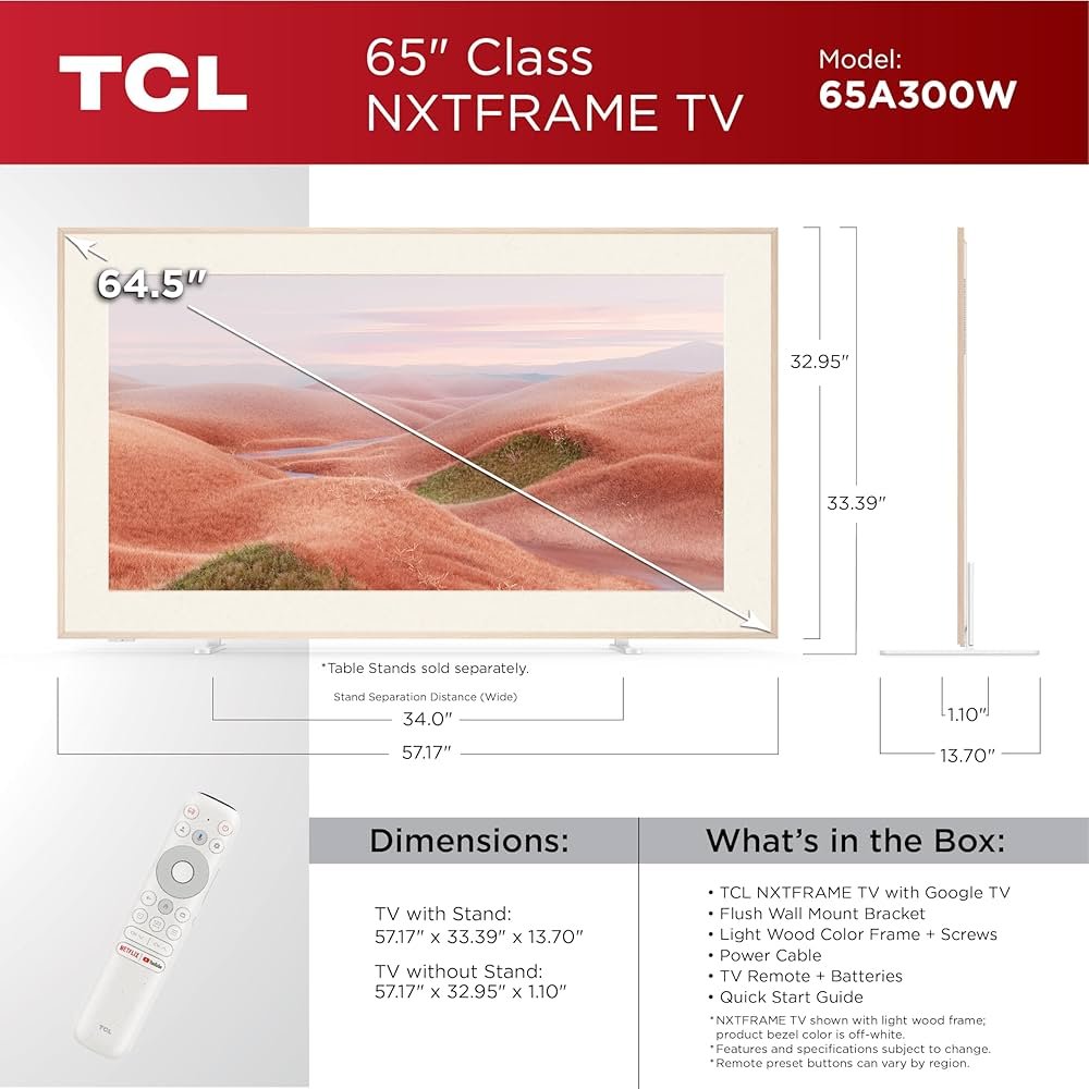TCL NXTFRAME 65A300W | 65" 4K Ultra HD QLED Smart TV | Google TV | Dolby Vision | 120Hz