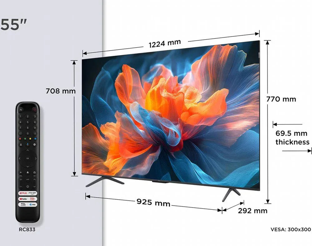 TCL 55T8C | 55" 4K Ultra HD QLED Smart TV | 120Hz | Google TV + Wifi | Dolby Vision & HDR10+ | HDMI 2.1 (2025) - Essentify