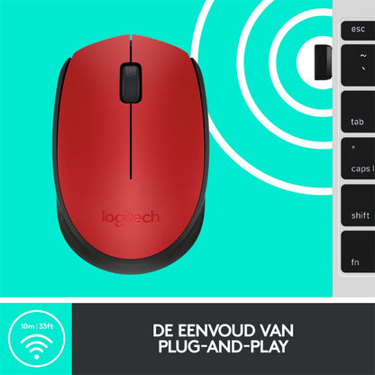Logitech M171 | Draadloze Muis | Links- en Rechtshandig | RF | 1000 DPI | Rood/Zwart