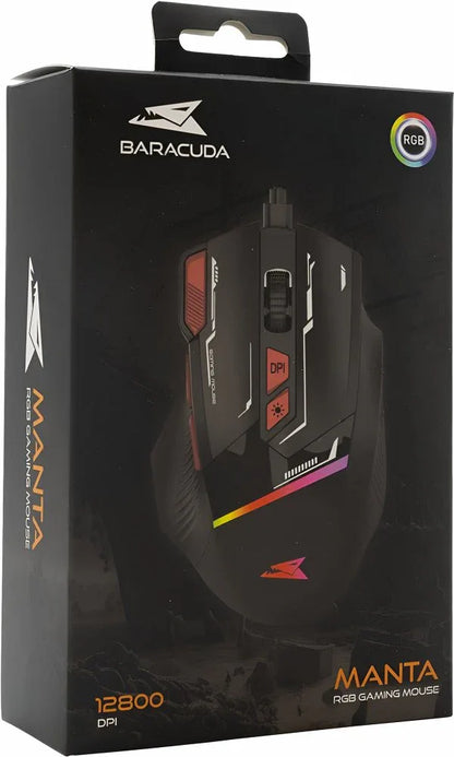 Baracuda MANTA RGB | Bekabelde Gaming Muis | Rechtshandig | USB-A | 12800 DPI | Zwart - Essentify