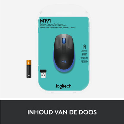 Logitech M190 | Draadloze Muis | Links- en Rechtshandig | RF | 1000 DPI | Zwart/Blauw