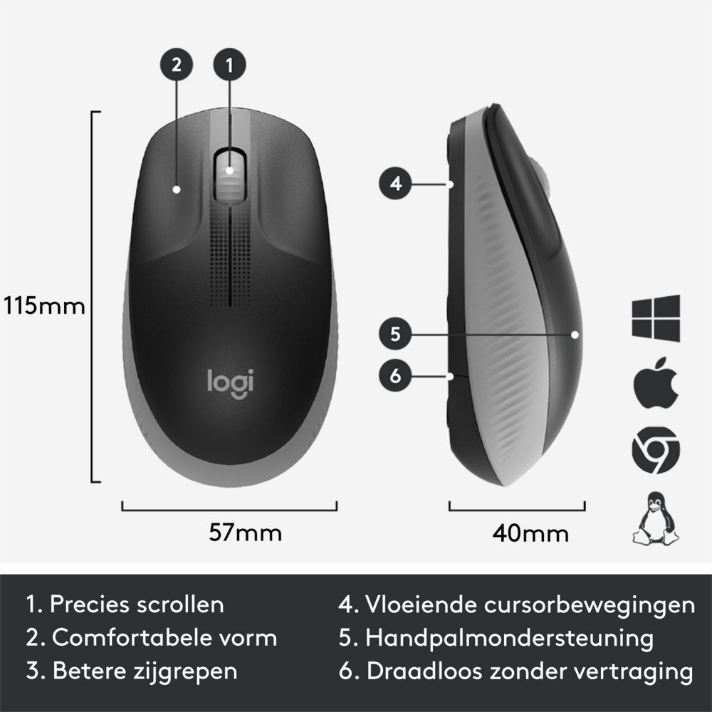 Logitech M190 | Draadloze Muis | Links- en Rechtshandig | RF | 1000 DPI | Grijs