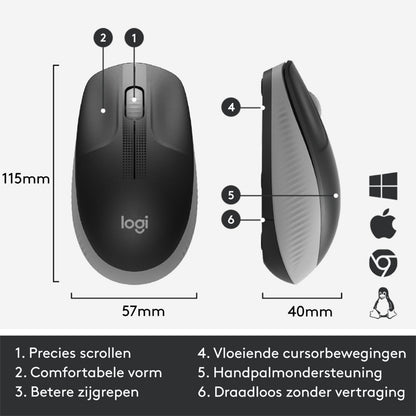 Logitech M190 | Draadloze Muis | Links- en Rechtshandig | RF | 1000 DPI | Grijs