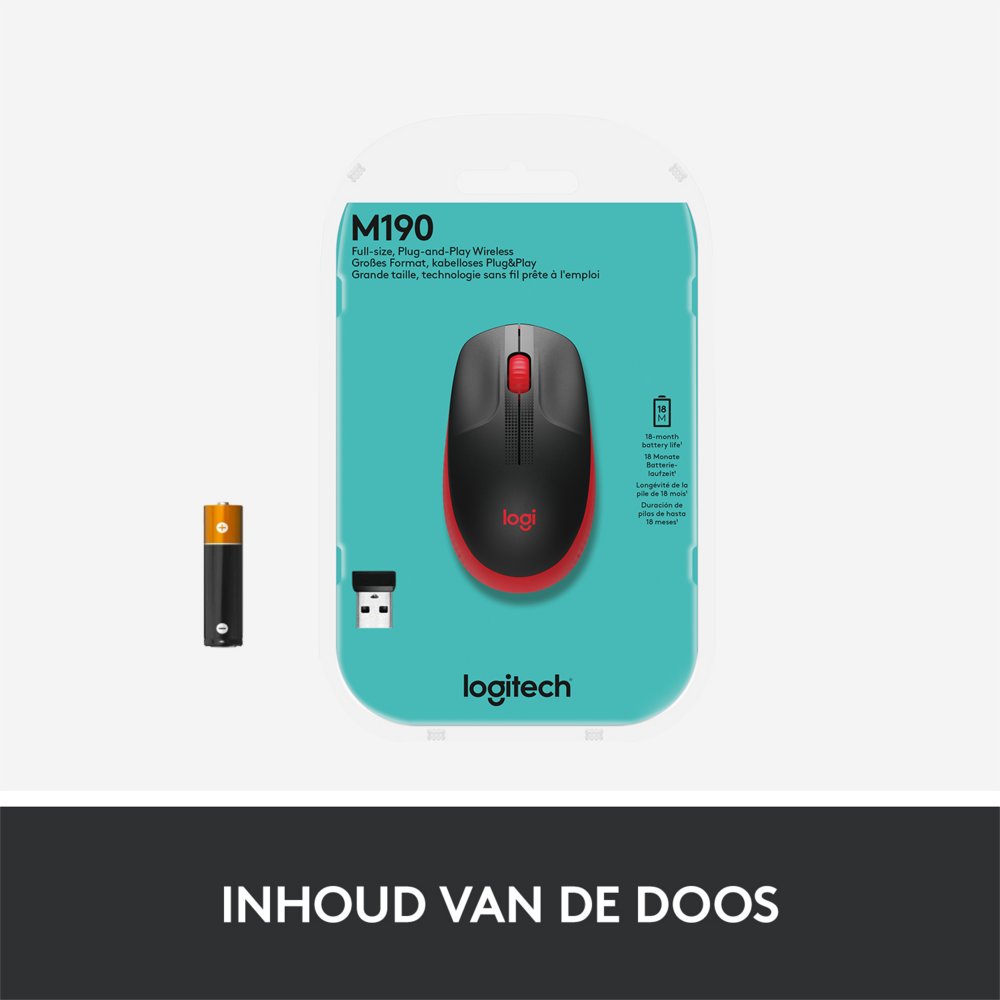 Logitech M190 | Draadloze Muis | Links- en Rechtshandig | RF | 1000 DPI | Zwart/Rood